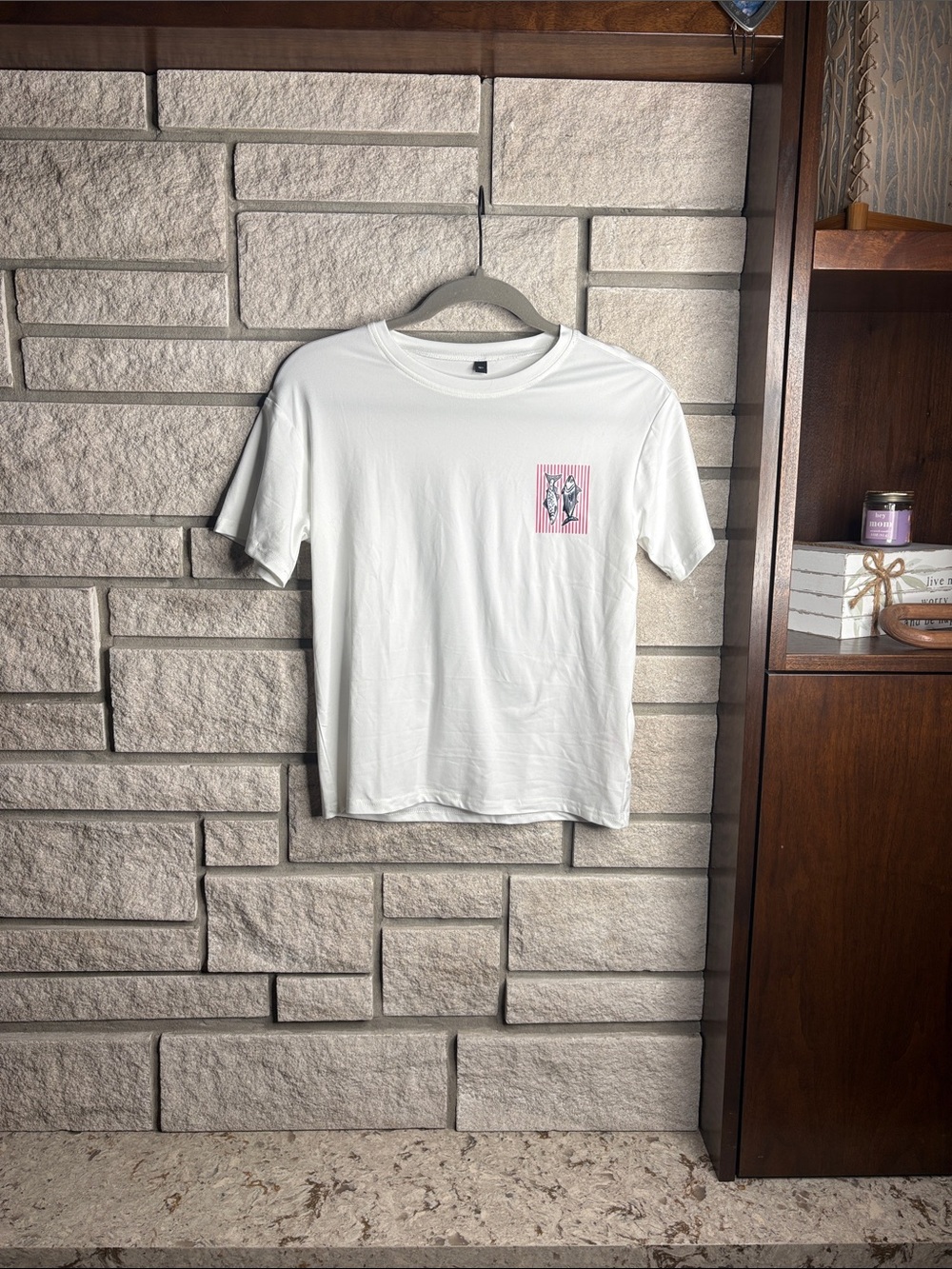SHEIN White Short Sleeve Graphic Pocket Tee with Pink Accent